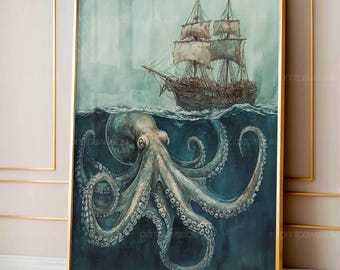 Vintage Ship Poster, Octopus And Ship Ocean Art, Giant Octopus Wall Print, Majestic Octopus Decor, Nautical Home Art, Retro Maritime Artwork