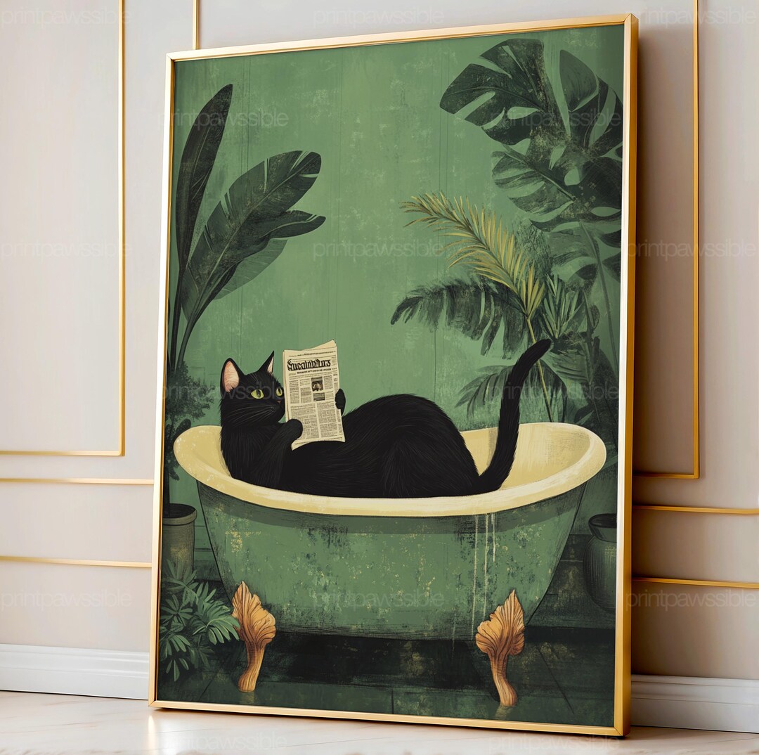Funny Bathroom Cat Print, Toilet Poster Decor, Humorous Feline Wall Art ...