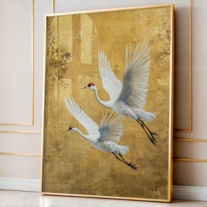Japanese Crane Birds Illustration, Japanese Flock Of Cranes, Asian Wall Art, Boho Color Bird Poster, PRINTABLE Vintage Bird Art