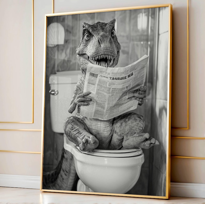 May include: A black and white photograph of a dinosaur sitting on a toilet and reading a newspaper. The dinosaur is wearing a serious expression and has its mouth slightly open. The newspaper is titled "Tanrase News".