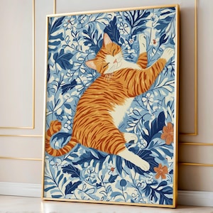 Floral Ginger Cat Print: Whimsical Kitten Wall Art (Digital Download)