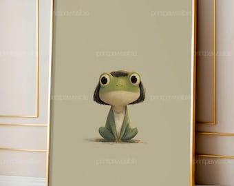 Whimsical Frog Illustration, Cute Animal Drawing, Minimal Frog Wall Art, Storybook Character Print, Soft Neutral Decor