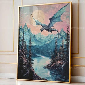 Dragon Soaring Forest Print, Fantasy Moonlit Adventure Wall Art (Digital Download)