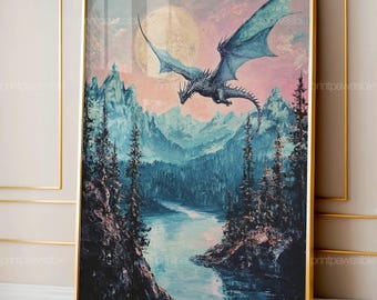 Dragon Soaring Over Forest Print, Fantasy Moonlit Adventure, Mystical Creature Wall Art, Digital Download, Printable Dragon Forest Poster