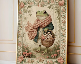 Frog Mushroom Picking Folk Art | Cottagecore Frog Digital Wall Art | Cozy Forest Printable | Instant Download Art Print