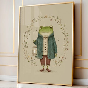 Frog with Lantern Print: Cottagecore Folk Art (Digital Download)