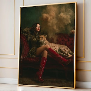Dark Glam Fashion Print, Red Boots Lounge Art, Cheetah Editorial Poster, Velvet Settee Retro Mood Wall Decor