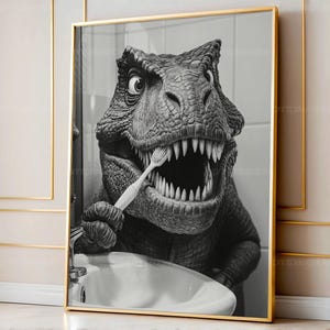 Funny TREX Brushing Teeth Wall Art, Funny Kids Dino Bathroom Print, Black and White Dinosaur Toilet Humor Art, T-Rex Art Print, Digital Art
