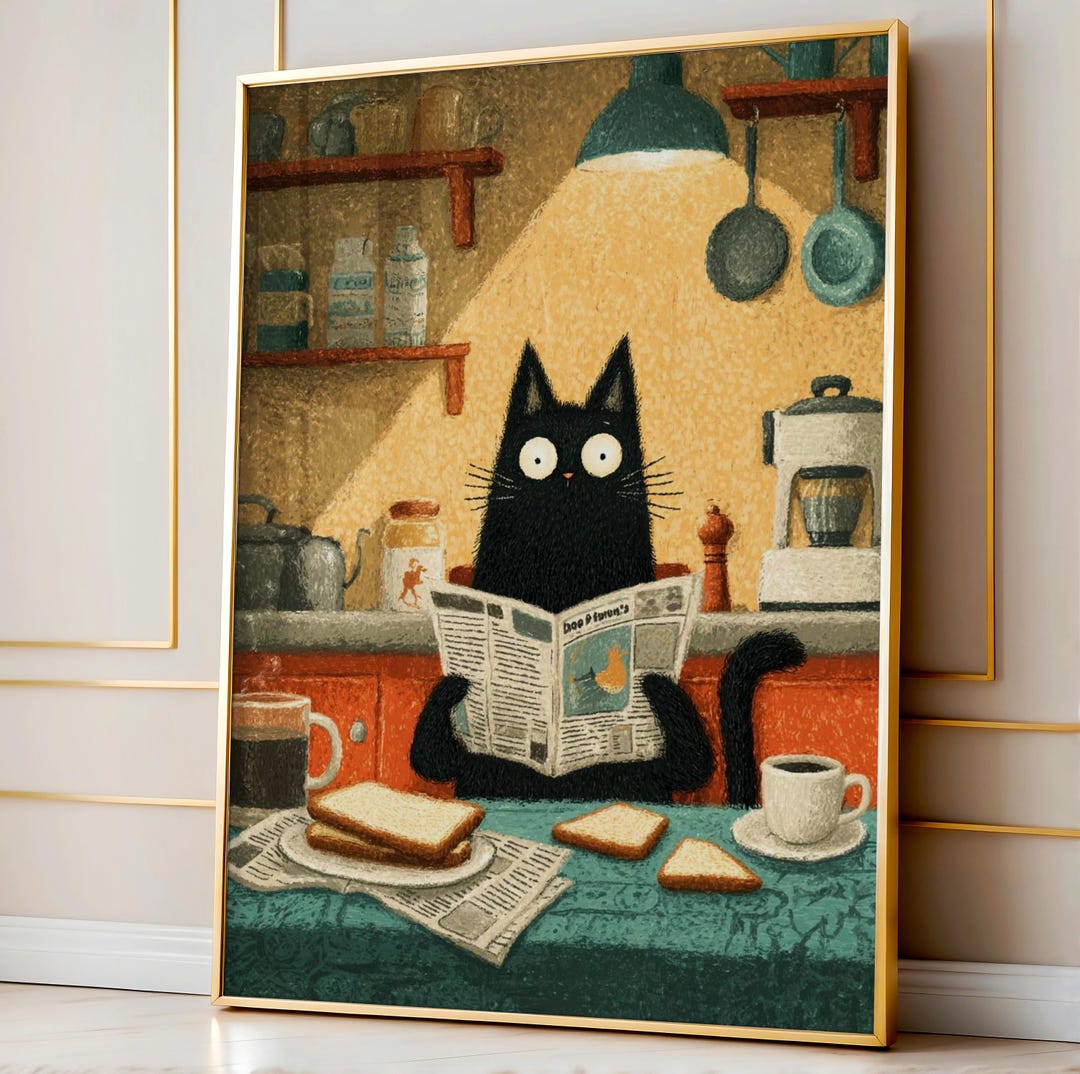 Retro Cat Reading Print – Funny Black Cat Wall Art – Quirky Kitchen ...