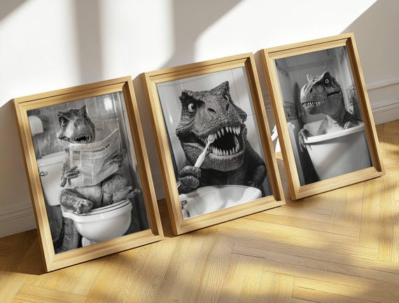 Bathroom TRex Print, 3 Sets Funny Posters, Dino Funny Bathroom Wall Decor Print Room Wall Art Funny TRex Poster Bathroom Toilet Poster