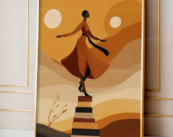 African American Girl with Books Print, Bookworm Art, Black Woman Author Art, Minimalist Empowerment Poster, Modern African American Decor