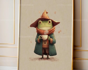 Frog Tea Illustration, Cute Frog Drawing, Whimsical Animal Art, Cozy Storybook Wall Decor