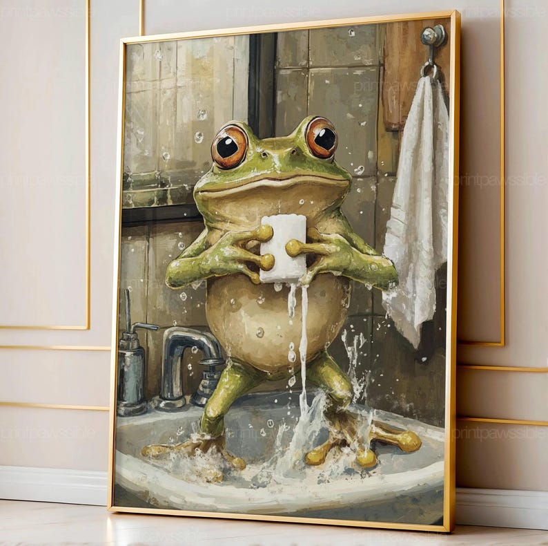 May include: A framed art print depicts a green frog in a bathroom, holding a bar of soap. The frog is in a sink with water splashing around. A white towel hangs on a hook in the background. The artwork has a whimsical, cartoonish style.