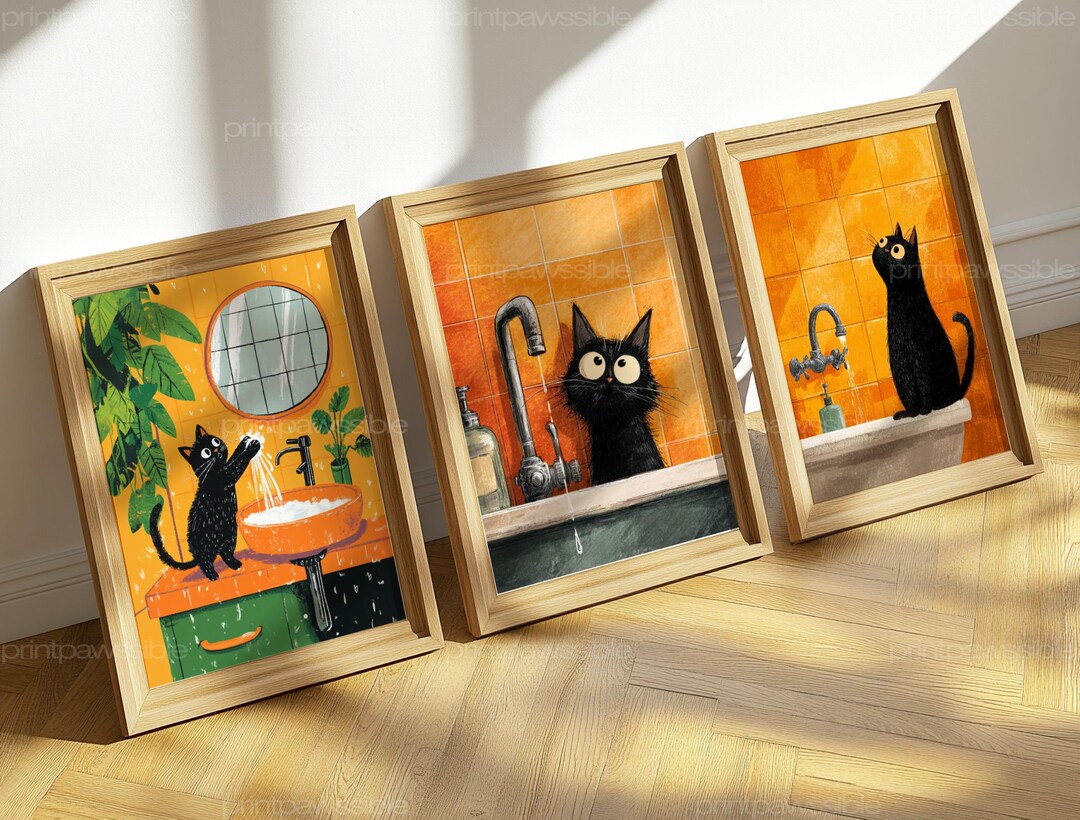 Funny Bathroom Cat Art Bundle Set of 3, Whimsical Black Cat Prints ...