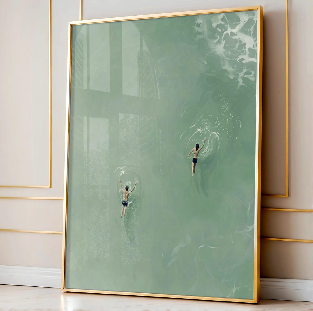 Couple Swimming Pool Wall Art, Man and Woman Floating in Pool Digital ...