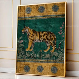 May include: A framed art print featuring a tiger with yellow and black stripes, set against a green and gold background with floral accents. The print has the text "printpawssible" in the image.