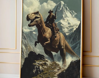 Funny Dinosaur Print, Vintage Dinosaur Cowboy Oil Painting Print, Western Jurassic Dinosaur Print, Gift for Him, Funny Print