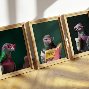Library Pigeon Print, 3 Sets Funny Posters, Pigeon Funny Room Wall Decor Print Reading Nook Wall Art Funny Pigeon Poster Bathroom Wall Art