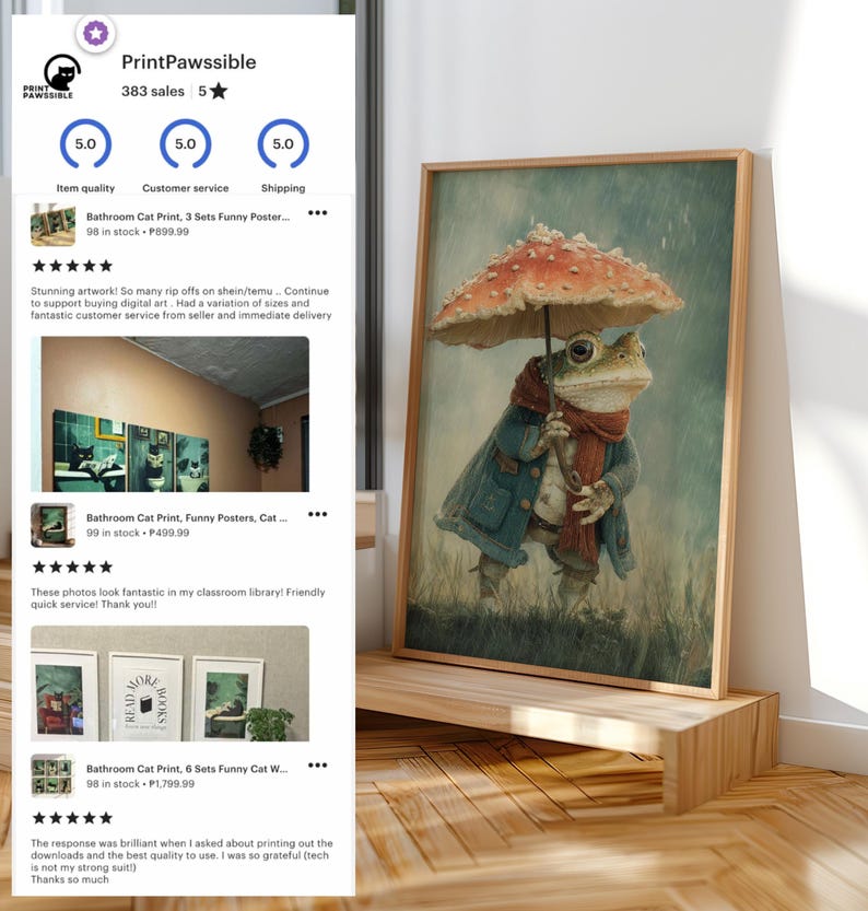 May include: A framed art print featuring a frog dressed in a coat and scarf, holding an umbrella. The frog is standing in the rain under a mushroom-shaped umbrella. The artwork is displayed on a wooden shelf.
