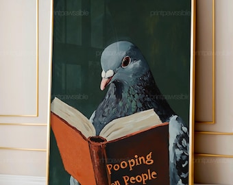 Impressão digital de um pombo engraçado lendo, arte de parede com animais divertidos, decoração peculiar com pássaros, pôster de pássaro, ilustração de vida selvagem, arte de pombo.