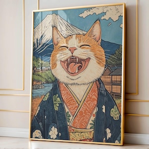 Lucky Chinese Cat Art, Whimsical Anime Aesthetic Wall Decor, Japanese Retro Cat Poster, Cute Art Lover Print, Travel Poster