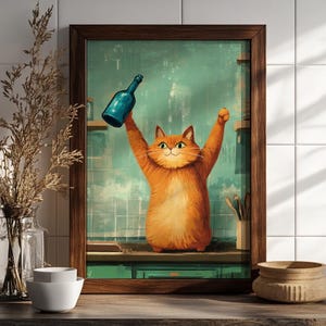 Decor barwagen, poster grappige kat, wijnprint, retro keukendecor, modern decor uit het midden van de eeuw, trendy kunst aan de muur, proost poster eetkamer