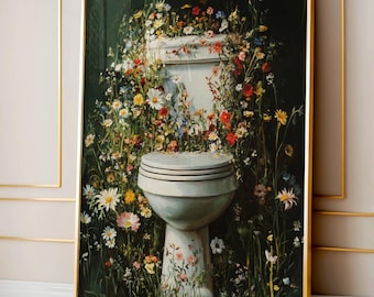 Dark Green Bathroom Decor, Botanical Toilet, Floral Bath Wall Art, Vintage Flowers Painting, Moody Wildflowers Cottagecore Digital Artwork