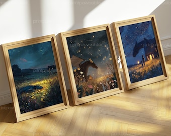 Paquete de arte infantil de dragones caprichosos, impresiones de cielos nocturnos de fantasía, decoración de pared de criaturas mágicas de cuentos, juego de 3 descargas digitales