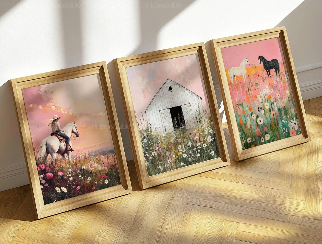 Coastal Cowgirl Art Bundle, Pink Cowgirl Horse Print Set, Boho Barn ...