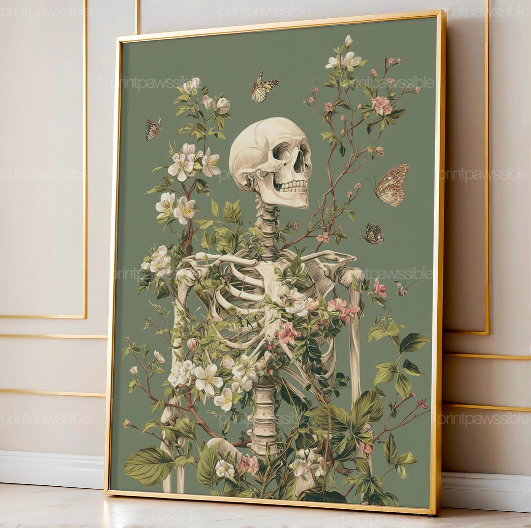 Floral Skeleton Wall Art, Vintage Botanical Bones Illustration, Gothic ...