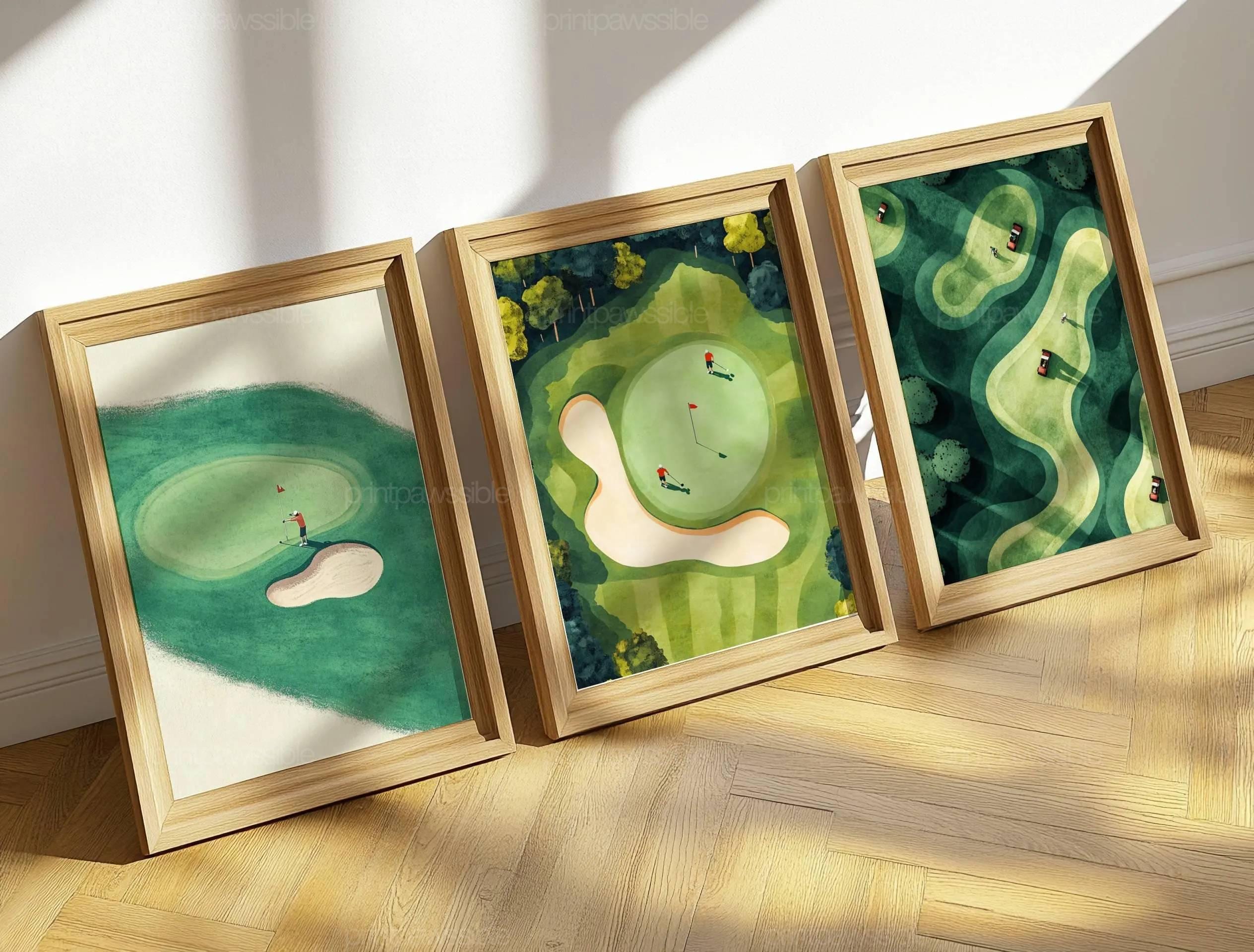 Winzige Golfer Wand Kunst 3er-Set Minimalistische Golf-Drucke, Vintage Sport Dekor, 2 Spieler Golf-Szenen, digitaler Download