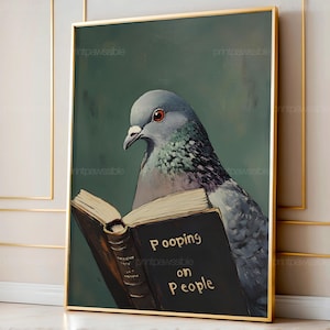 Funny Pigeon Reading Book Print, Humorous Animal Wall Art, Quirky Bird Poster, DigitalDownload Pigeon Artwork, Cute Funny Reading Bird Decor