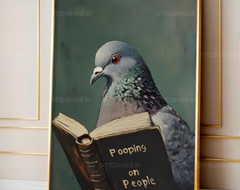 Lustige Taube Lese Buch Druck, Humorvolle Tier Wandkunst, Schrulliges Vogel Poster, DigitalDownload Taube Kunstwerk, niedlichen lustigen Lese Vogel Dekor
