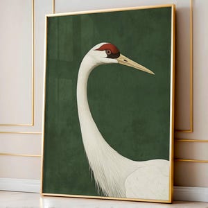 Kranich-Nahaufnahme Druck, minimalistisches Japandi-Vogel-Plakat, Weinlese-Natur-Wand-Kunst, grüner Hintergrund-Kranich-Digital Kunstwerk