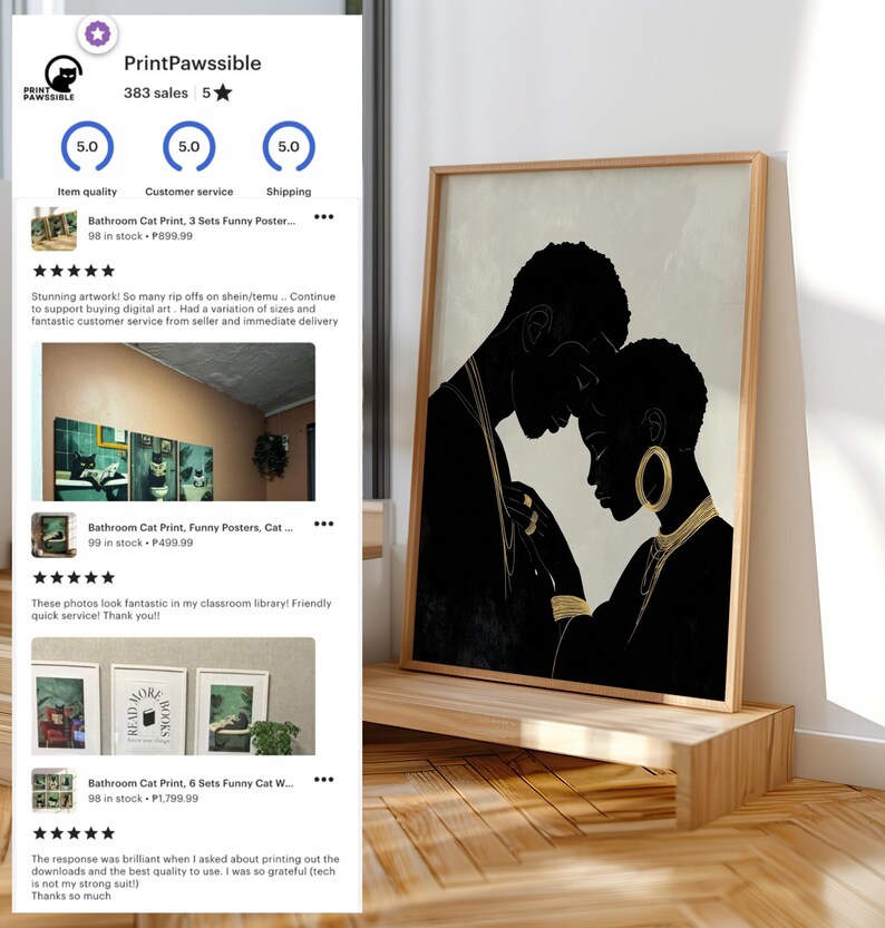 May include: A framed art print featuring a black and gold silhouette of a couple embracing. The artwork is displayed on a wooden shelf. The print has a light background and a dark wooden frame. The image is from the PrintPawssible Etsy shop.