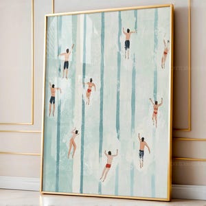 Cute Summer Poster, Tiny Swimmers in Pool Print, Vertical Swimming Pool Print, Minimalist Wall Art, Beach House Decor, Digital Download image 1