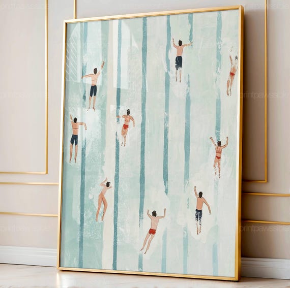 Cute Summer Poster, Tiny Swimmers in Pool Print, Vertical Swimming Pool Print, Minimalist Wall Art, Beach House Decor, Digital Download