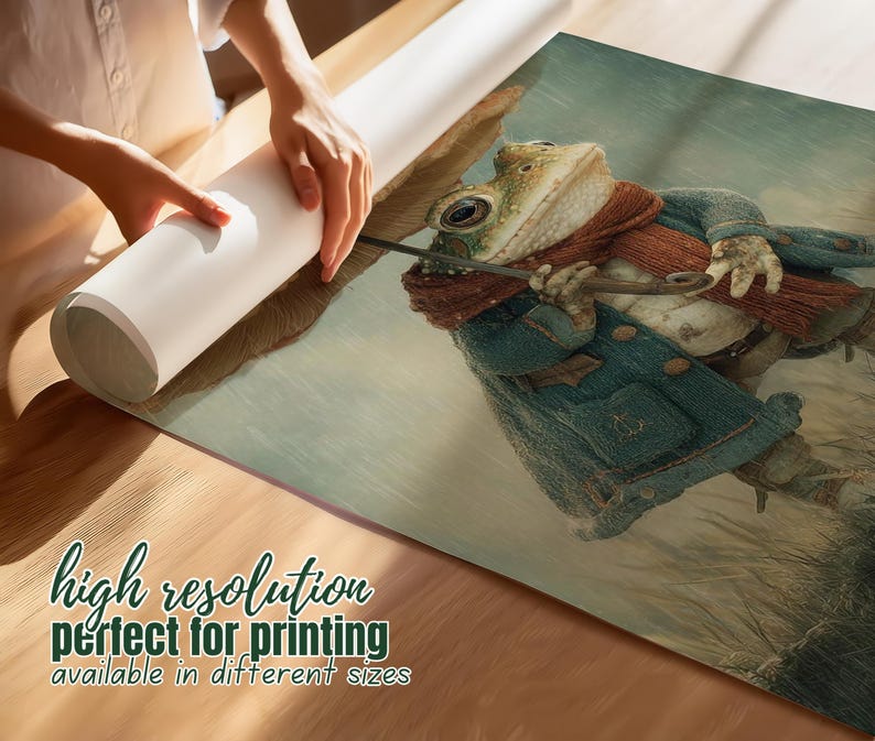 May include: A whimsical illustration of a frog dressed in a blue coat and a red scarf, holding a cane. The artwork is on a rolled-up print, with text at the bottom that reads "high resolution perfect for printing available in different sizes."