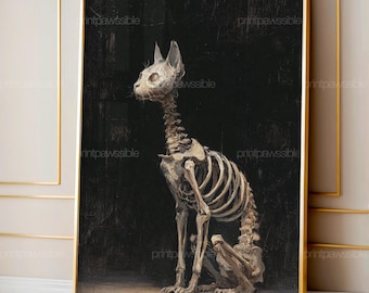 Griezelige zombiekat Weirdcore Art Print, gotisch skelet-horrorschilderij, spookachtige verontrustende donkere muurkunst voor Haunted Home Decor
