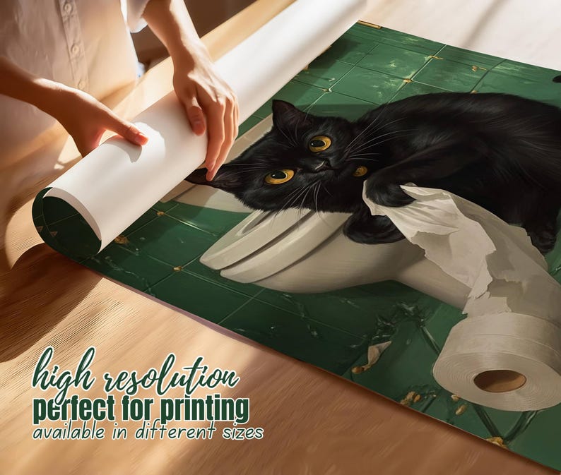 Funny Bathroom Cat Wall Art Set of 3, Black Cat Vintage Green Bathroom ...