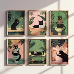 Bathroom Cat Print, 6 Sets Funny Posters, Cat Funny Bathroom Wall Decor Print Room Wall Art Funny Cat Bathroom Wall Art Toilet Poster