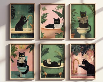 Bathroom Cat Print, 6 Sets Funny Posters, Cat Funny Bathroom Wall Decor Print Room Wall Art Funny Cat Bathroom Wall Art Toilet Poster