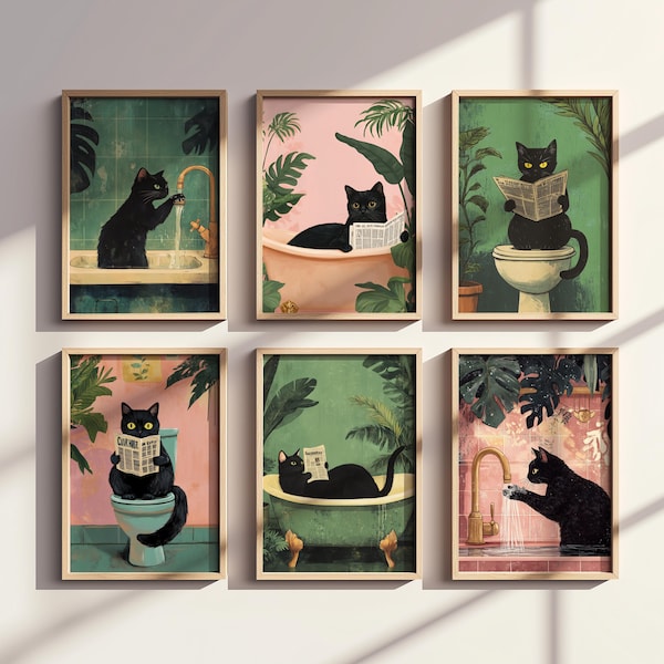 Bathroom Cat Print, Set of 6 Funny Posters, Cat Funny Bathroom Wall Decor, Printable Cat Room Wall Art, Digital Download, Toilet Humor Cat