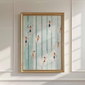 Cute Summer Poster, Tiny Swimmers in Pool Print, Vertical Swimming Pool Print, Minimalist Wall Art, Beach House Decor, Digital Download image 3