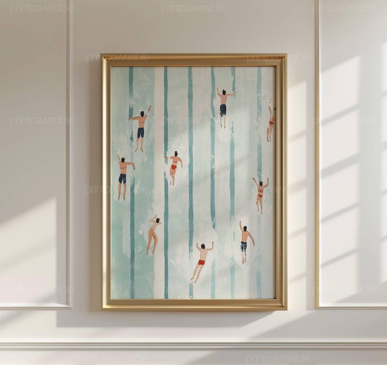 Cute Summer Poster, Tiny Swimmers in Pool Print, Vertical Swimming Pool Print, Minimalist Wall Art, Beach House Decor, Digital Download image 3
