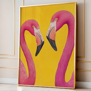 Arte de pared imprimible de flamencos, pájaros rosados cara a cara, póster tropical amarillo, decoración de flamencos preppy, impresión de pájaro caprichoso