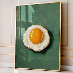 Vintage Fried Egg Painting, Impasto Food Digital Print, Kitchen Wall Art, Bar Cart Decor