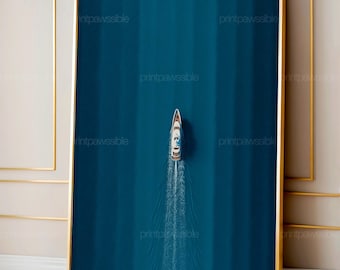 Decoración de pared con yates de lujo, póster minimalista de navegación, ilustración aérea del océano, decoración náutica moderna, lámina abstracta de mar azul.