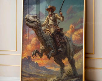 Grappige dinosaurus-cowboykunst, westerse Jura digitale print, vintage dierenmuurkunst, cadeau voor hem