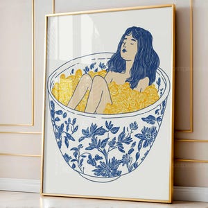 Woman in Cereal Bowl Print, Vintage Kitchen Wall Art, Quirky Food Illustration, Digital Download, Printable Kitchen Wall Poster